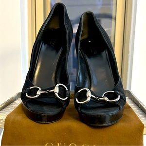 Gucci Black Suede Peeptoe Platform Pumps